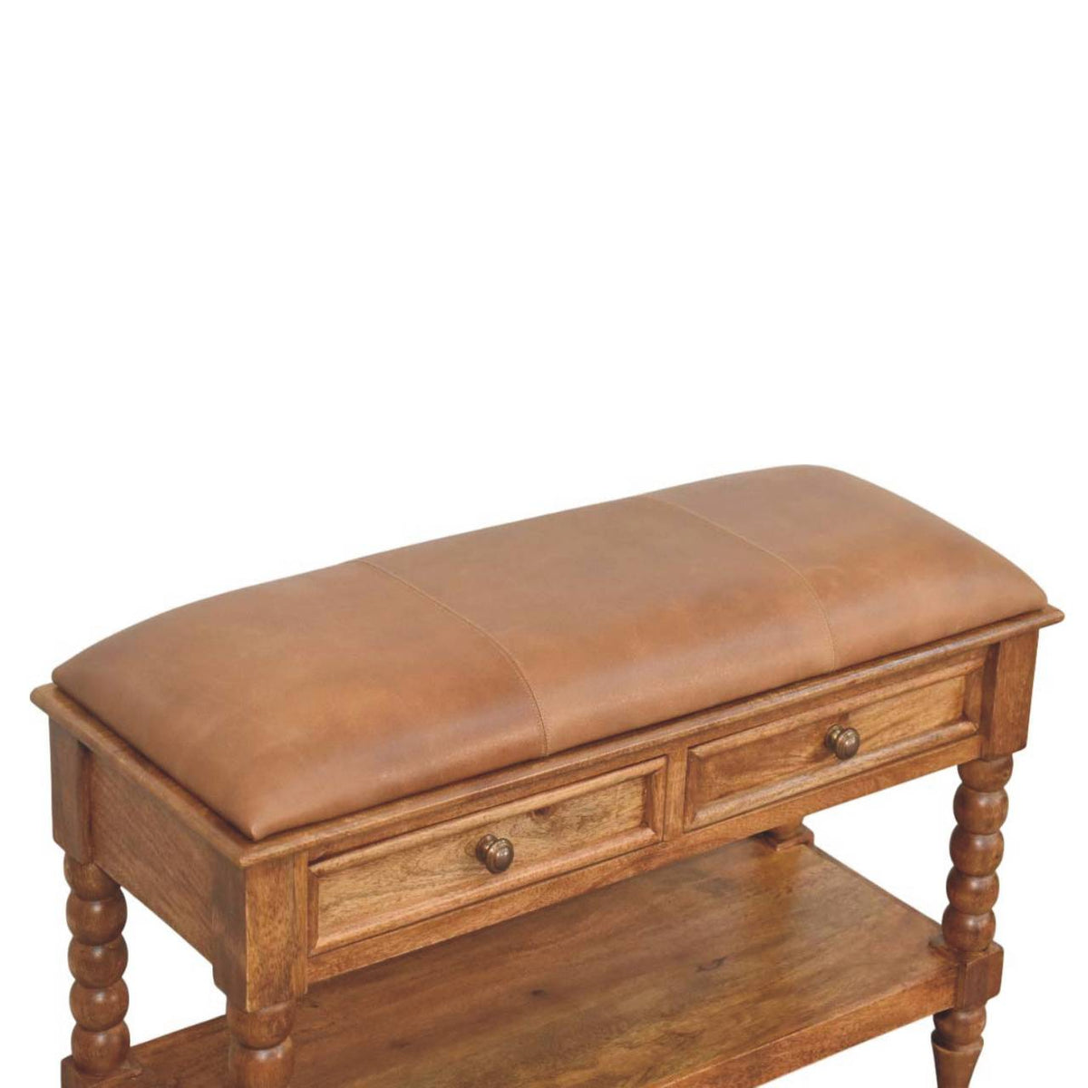 Spindle Leather Bench – Amber Oak Finish