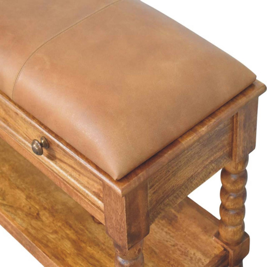 Spindle Leather Bench – Amber Oak Finish