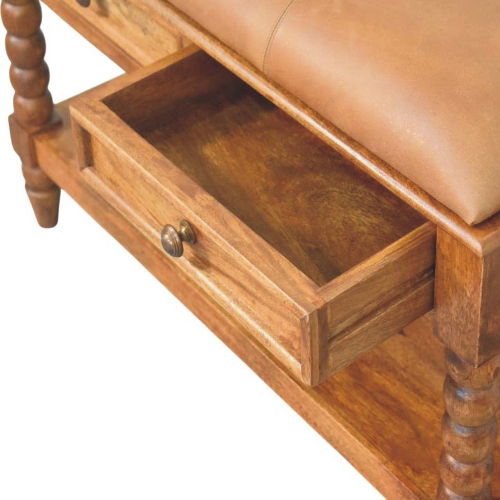 Spindle Leather Bench – Amber Oak Finish