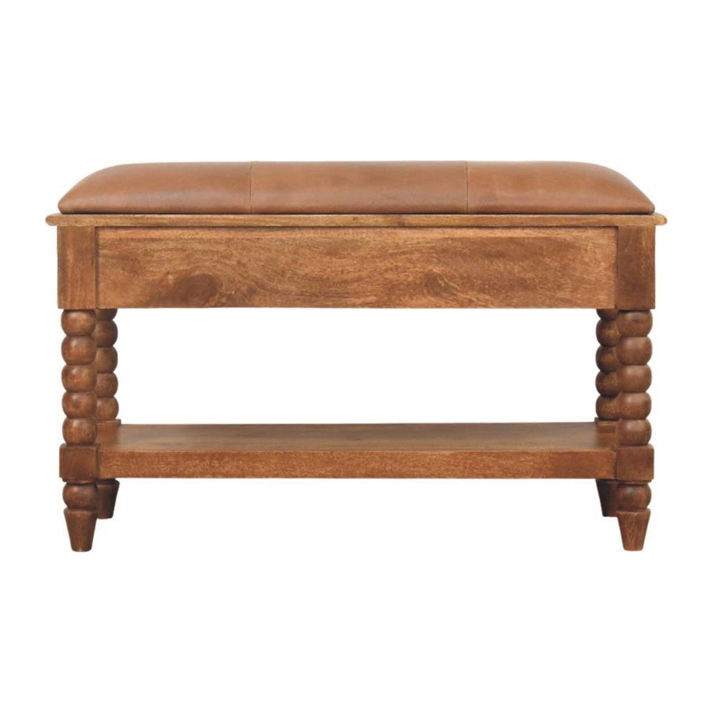 Spindle Leather Bench – Amber Oak Finish