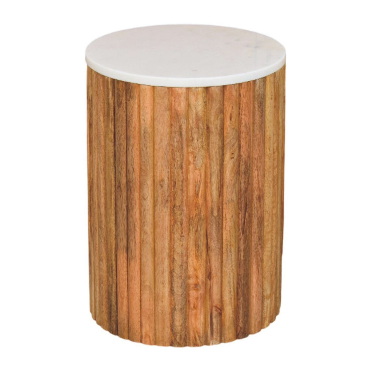 Fluted Marble Solid Mango Wood Side Table – Oak-Ish Finish