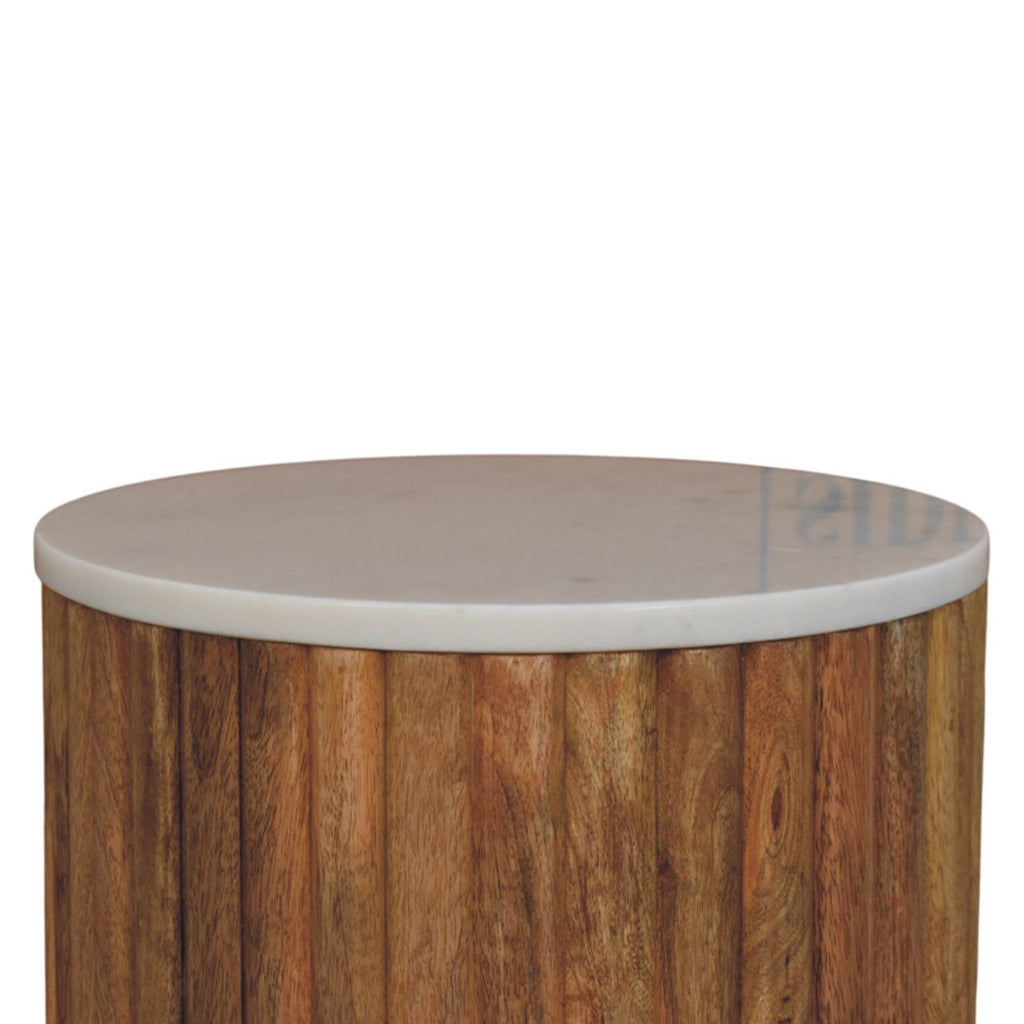 Fluted Marble Solid Mango Wood Side Table – Oak-Ish Finish