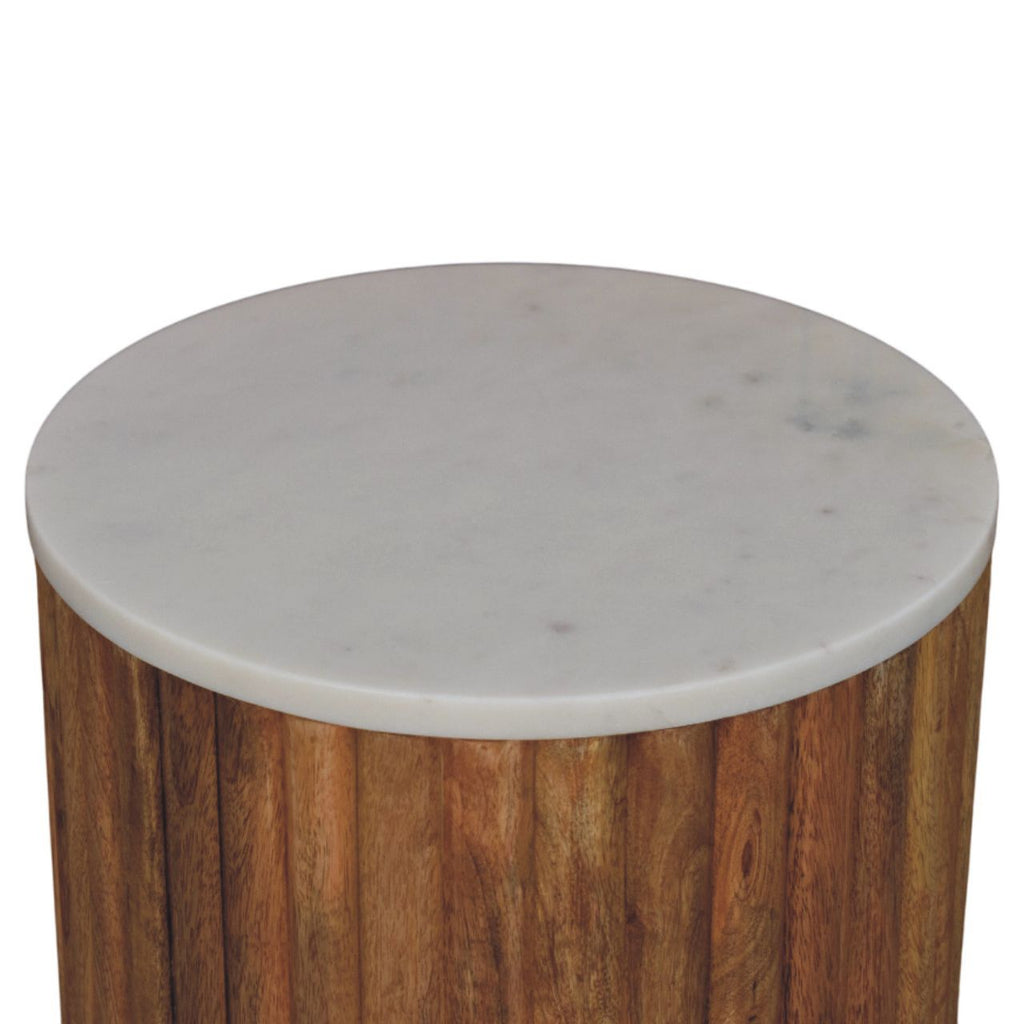 Fluted Marble Solid Mango Wood Side Table – Oak-Ish Finish