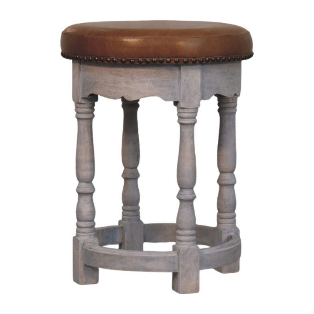 Rustic Charm Leather Stool – Acid Wash Finish