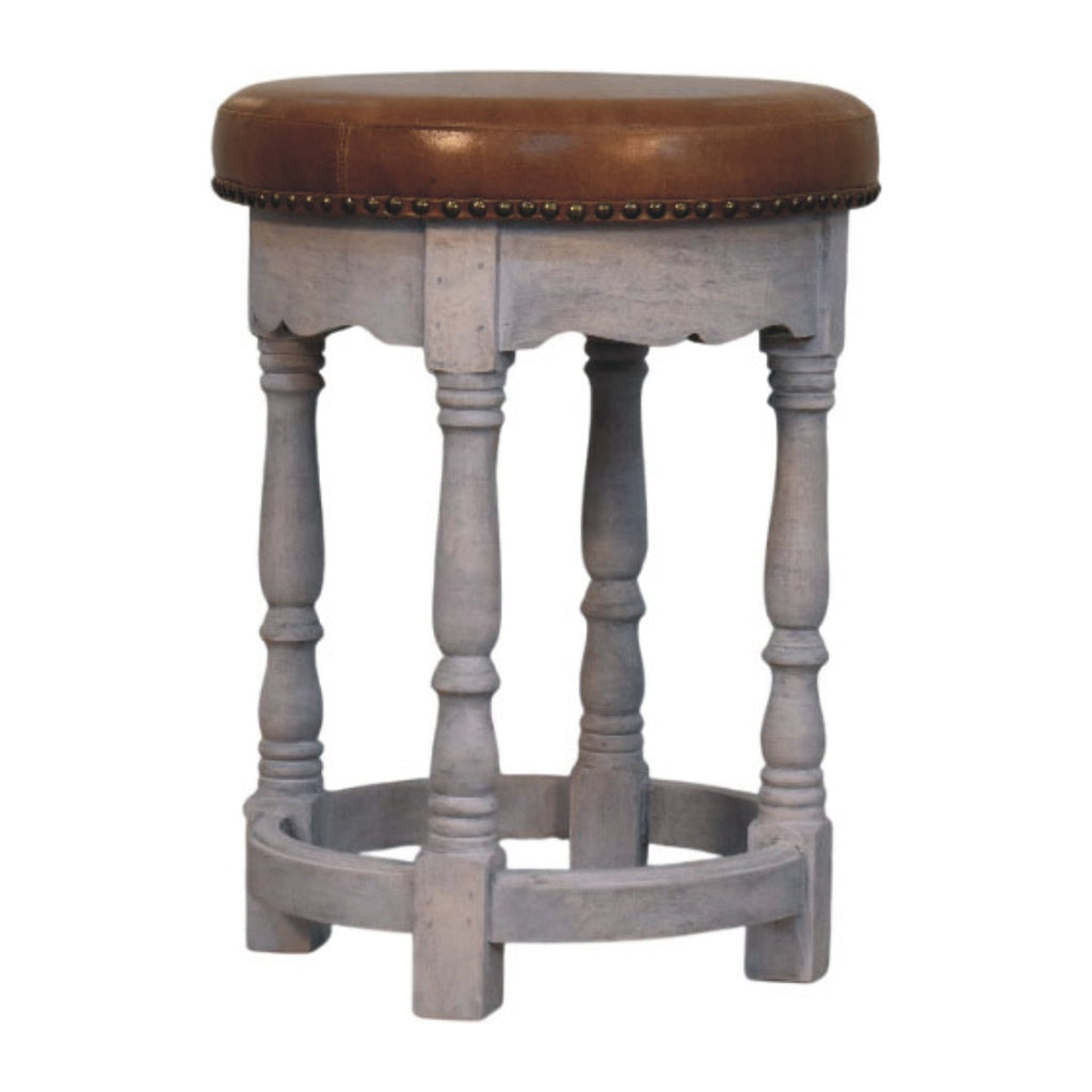 Rustic Charm Leather Stool – Acid Wash Finish