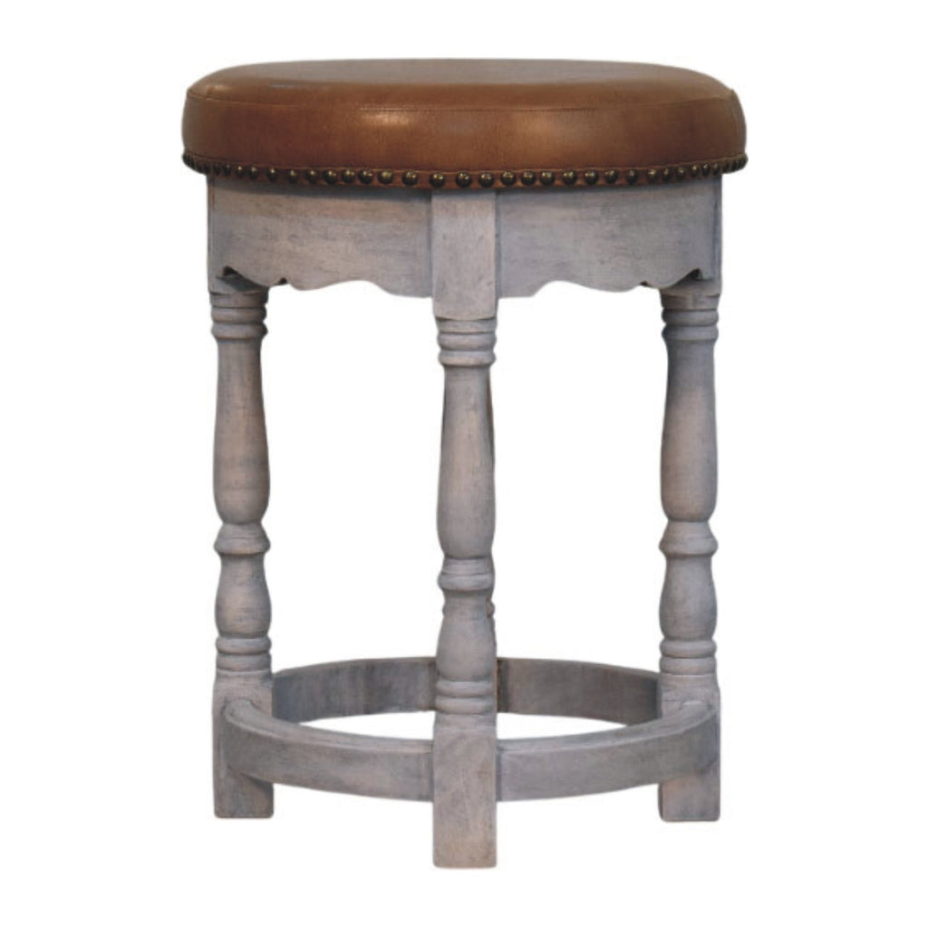 Rustic Charm Leather Stool – Acid Wash Finish