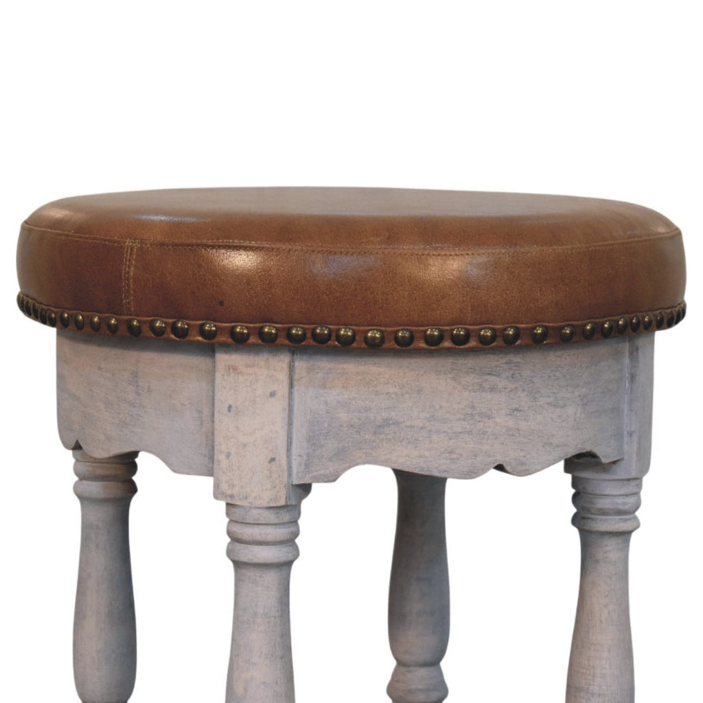 Rustic Charm Leather Stool – Acid Wash Finish