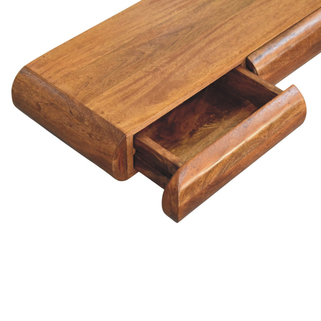 Solis Solid Mango Wood Floating Console – Amber Oak Finish, 2 Hidden Drawers
