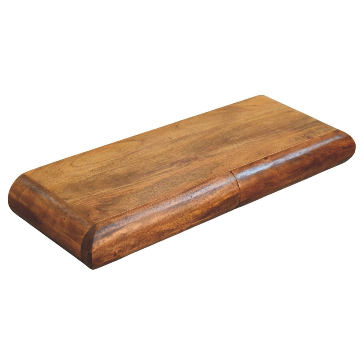 Solis Solid Mango Wood Floating Console – Amber Oak Finish, 3 Hidden Drawers