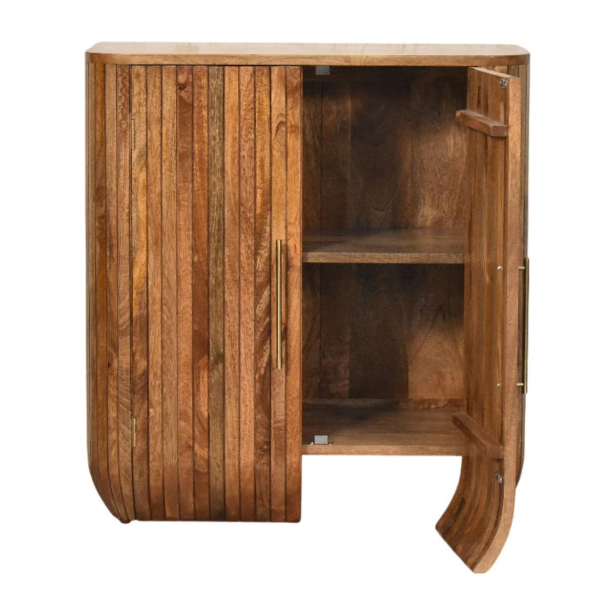 Fluted Curve Solid Mango Wood Cabinet – Golden Teak Finish