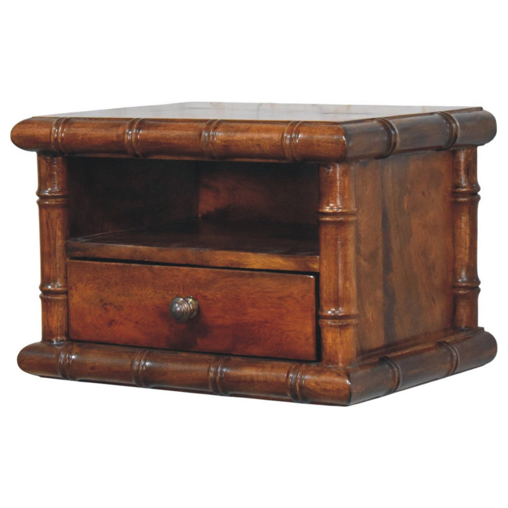 Bamboo-Inspired Wall-Mounted Solid Mango Wood Bedside Table – Chestnut Finish