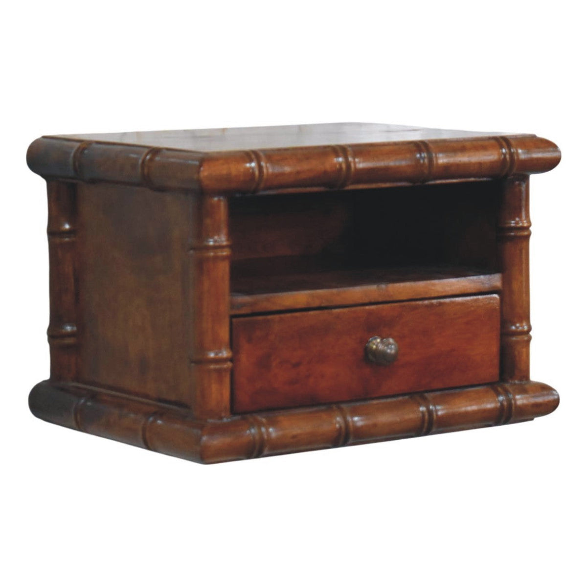 Bamboo-Inspired Wall-Mounted Solid Mango Wood Bedside Table – Chestnut Finish