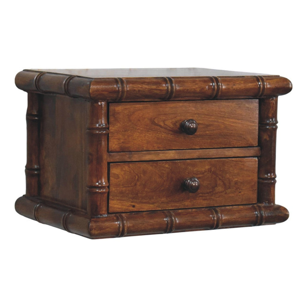 Bamboo-Inspired Two Drawer Wall-Mounted Solid Mango Wood Bedside Table – Chestnut Finish