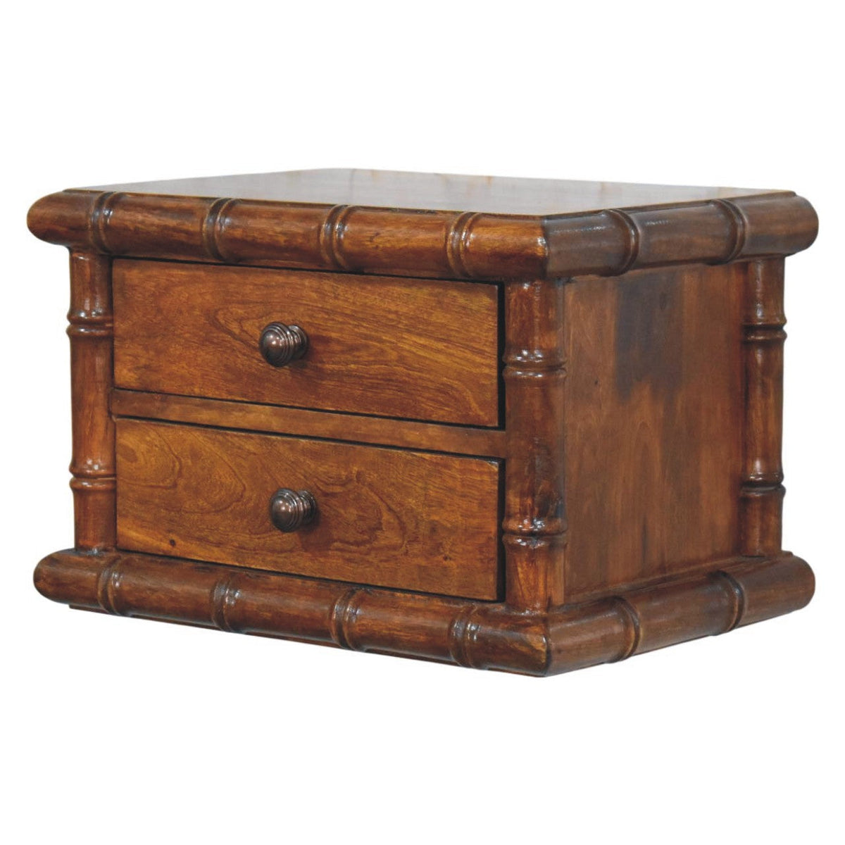Bamboo-Inspired Two Drawer Wall-Mounted Solid Mango Wood Bedside Table – Chestnut Finish