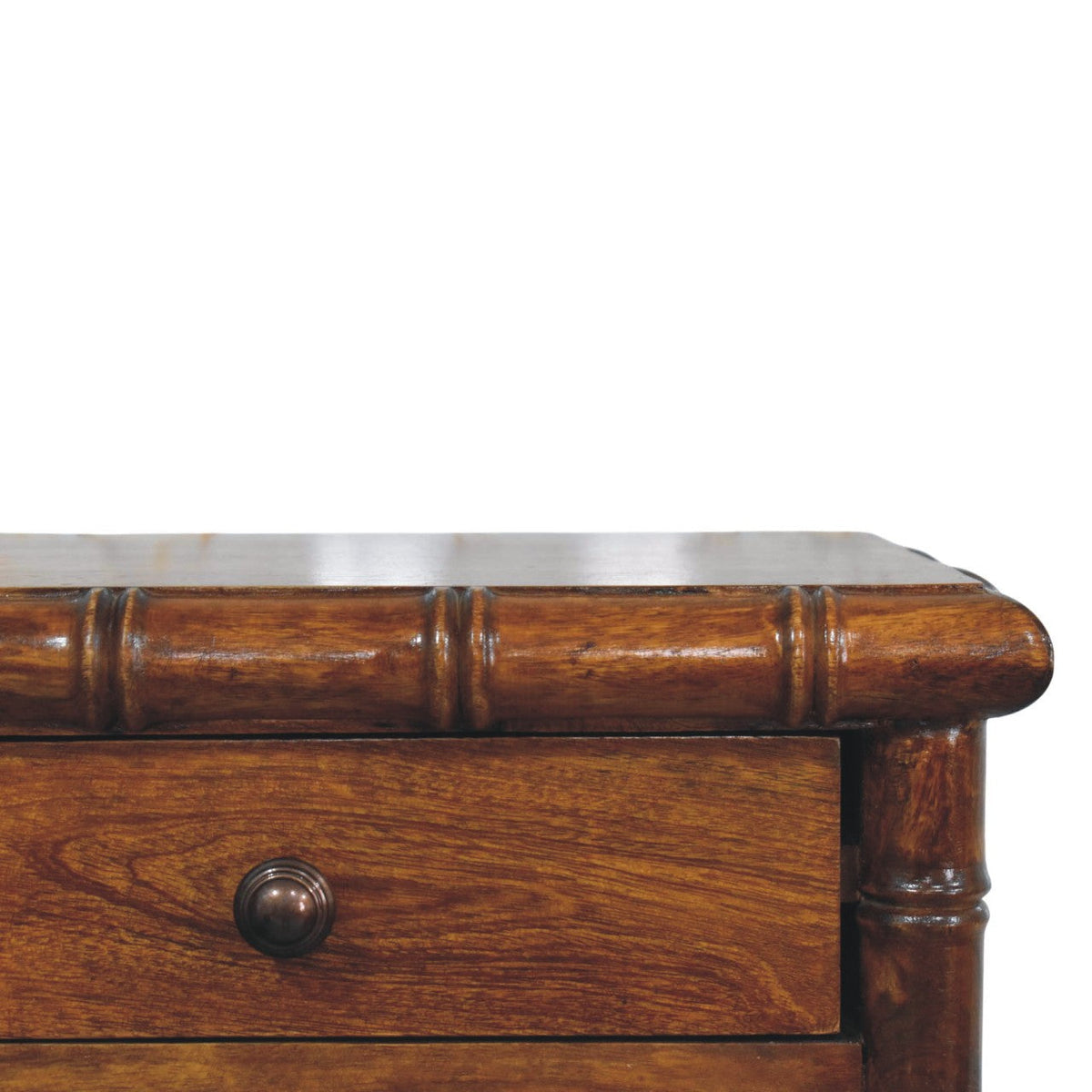 Bamboo-Inspired Two Drawer Wall-Mounted Solid Mango Wood Bedside Table – Chestnut Finish