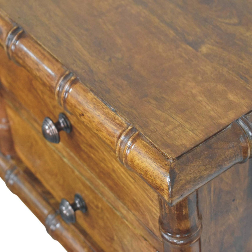 Bamboo-Inspired Two Drawer Wall-Mounted Solid Mango Wood Bedside Table – Chestnut Finish