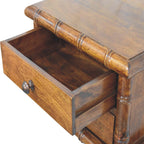 Bamboo-Inspired Two Drawer Wall-Mounted Solid Mango Wood Bedside Table – Chestnut Finish
