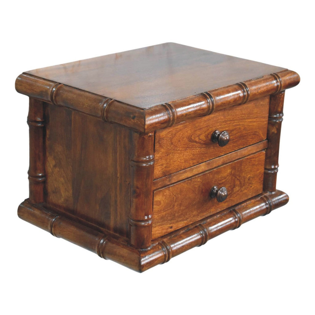 Bamboo-Inspired Two Drawer Wall-Mounted Solid Mango Wood Bedside Table – Chestnut Finish