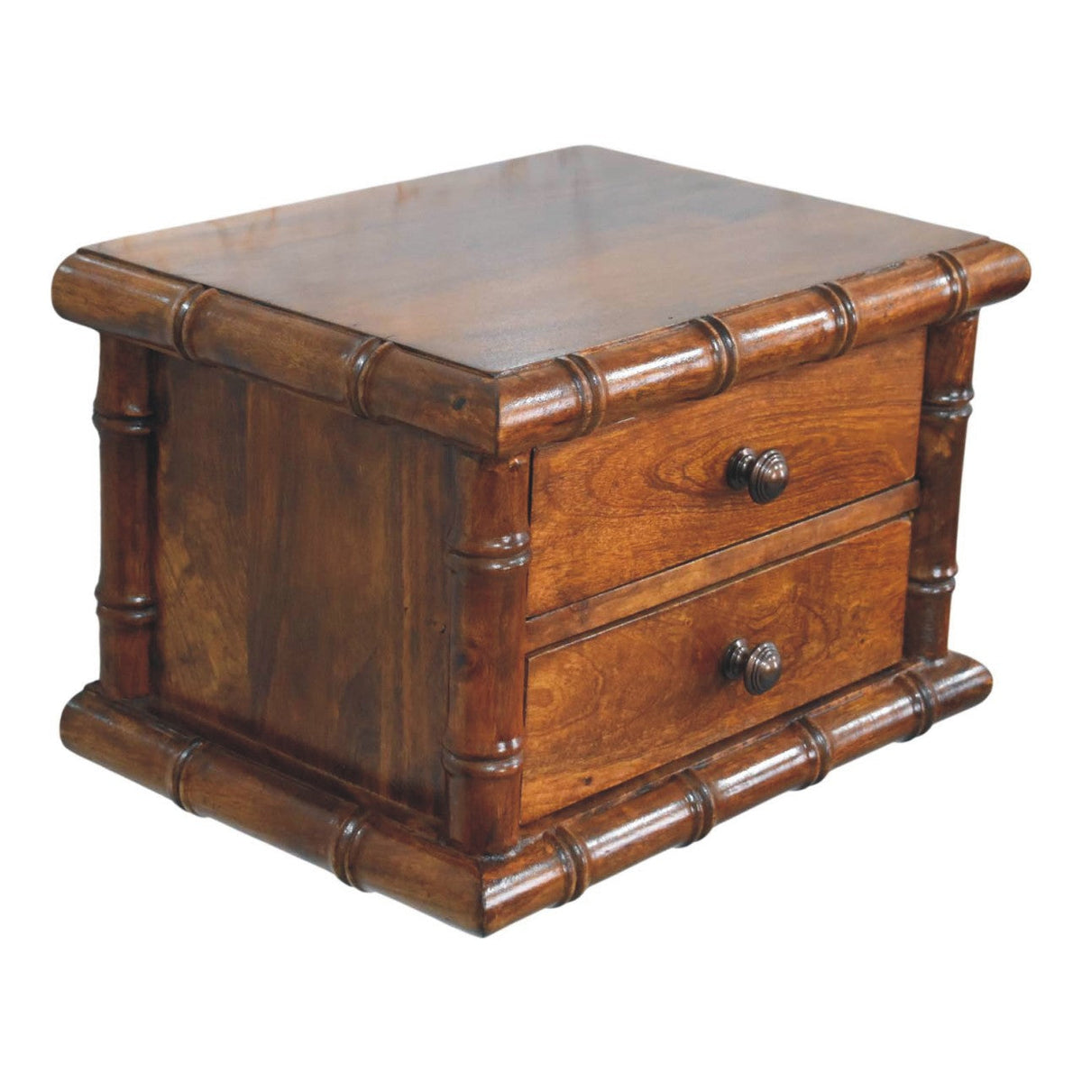 Bamboo-Inspired Two Drawer Wall-Mounted Solid Mango Wood Bedside Table – Chestnut Finish