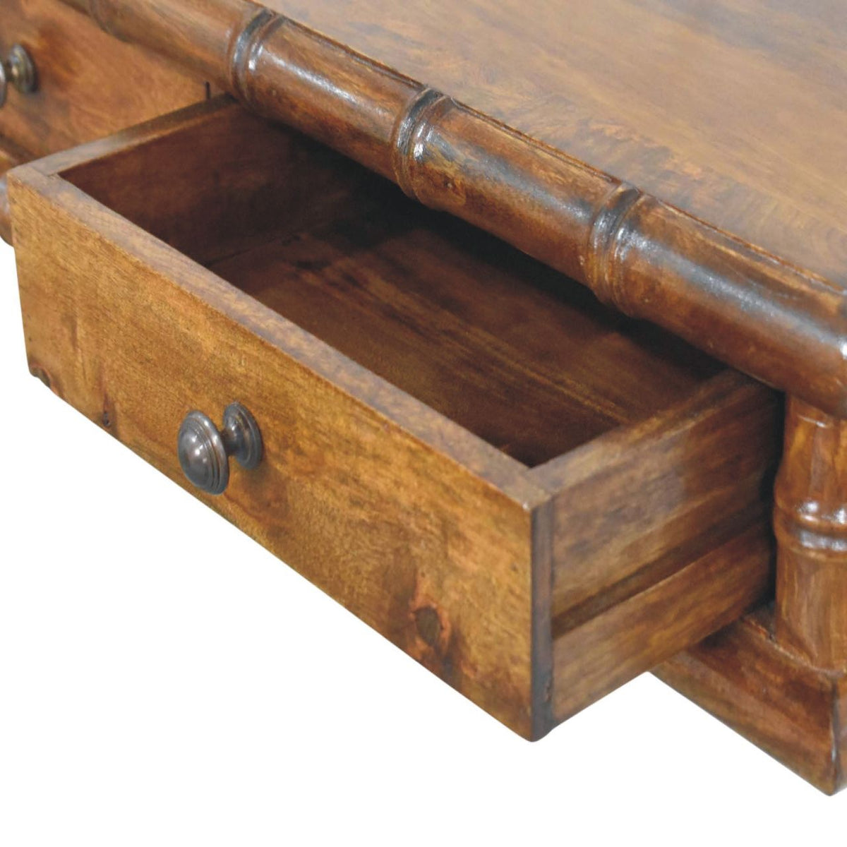 Bamboo-Inspired Two Drawer Solid Mango Wood Console Table – Chestnut Finish