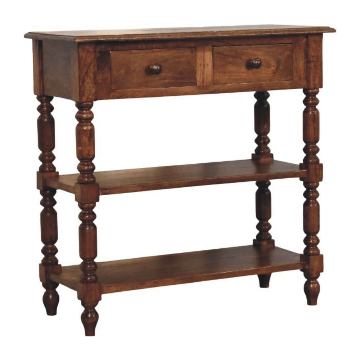 Turned Leg Solid Mango Wood Side Table with Shelves – Roasted Almond Finish