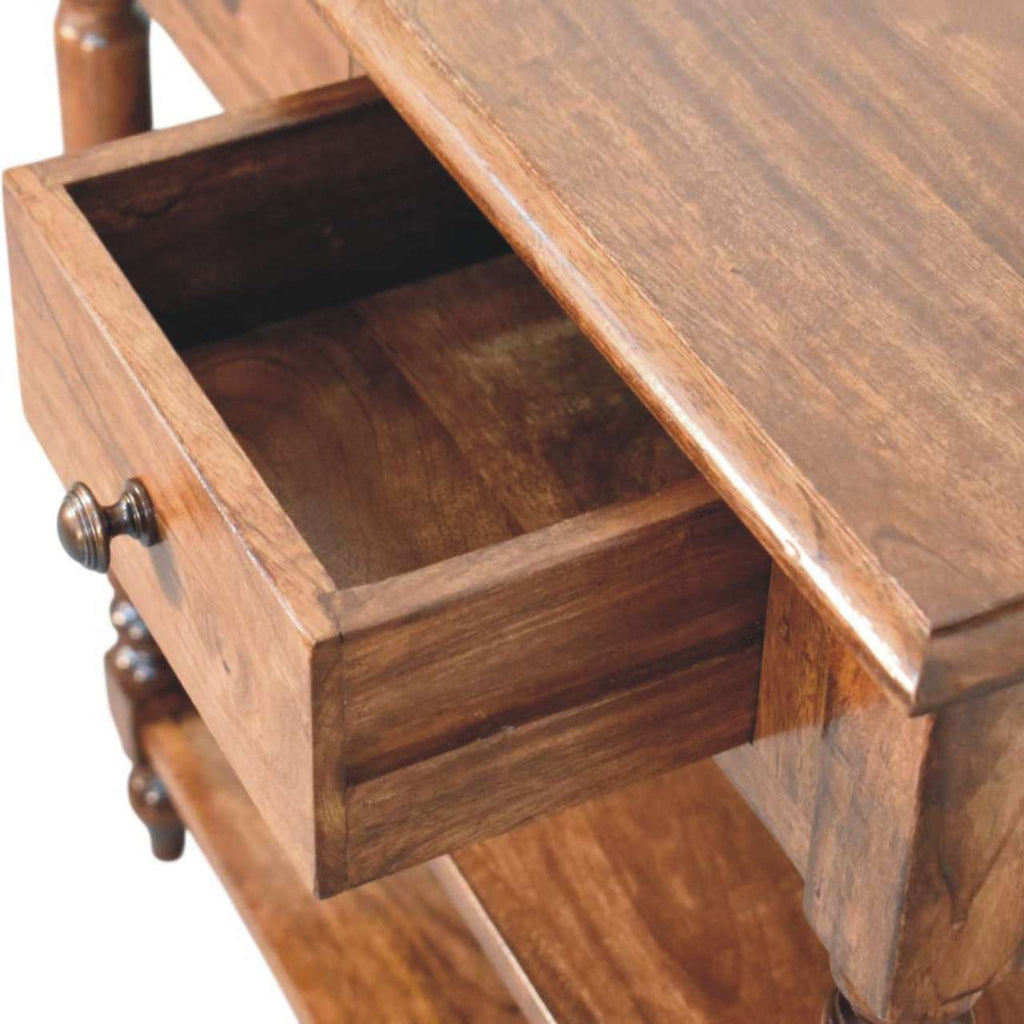 Turned Leg Solid Mango Wood Side Table with Shelves – Roasted Almond Finish