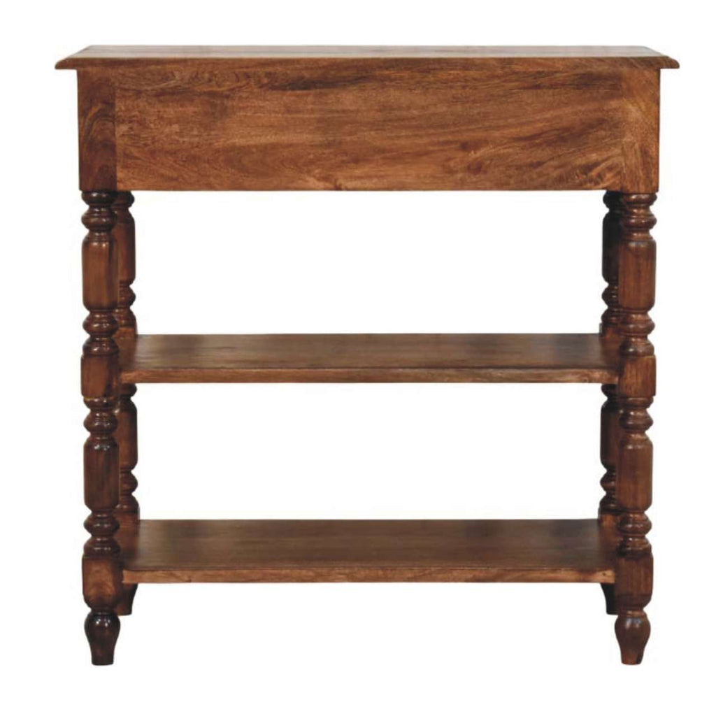 Turned Leg Solid Mango Wood Side Table with Shelves – Roasted Almond Finish