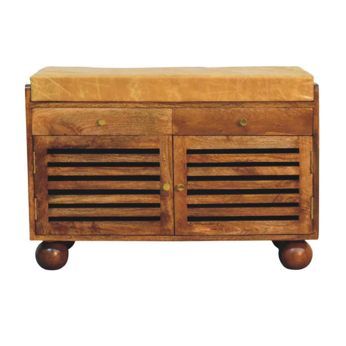 Bola Shoe Storage Leather Bench – Amber Oak Finish