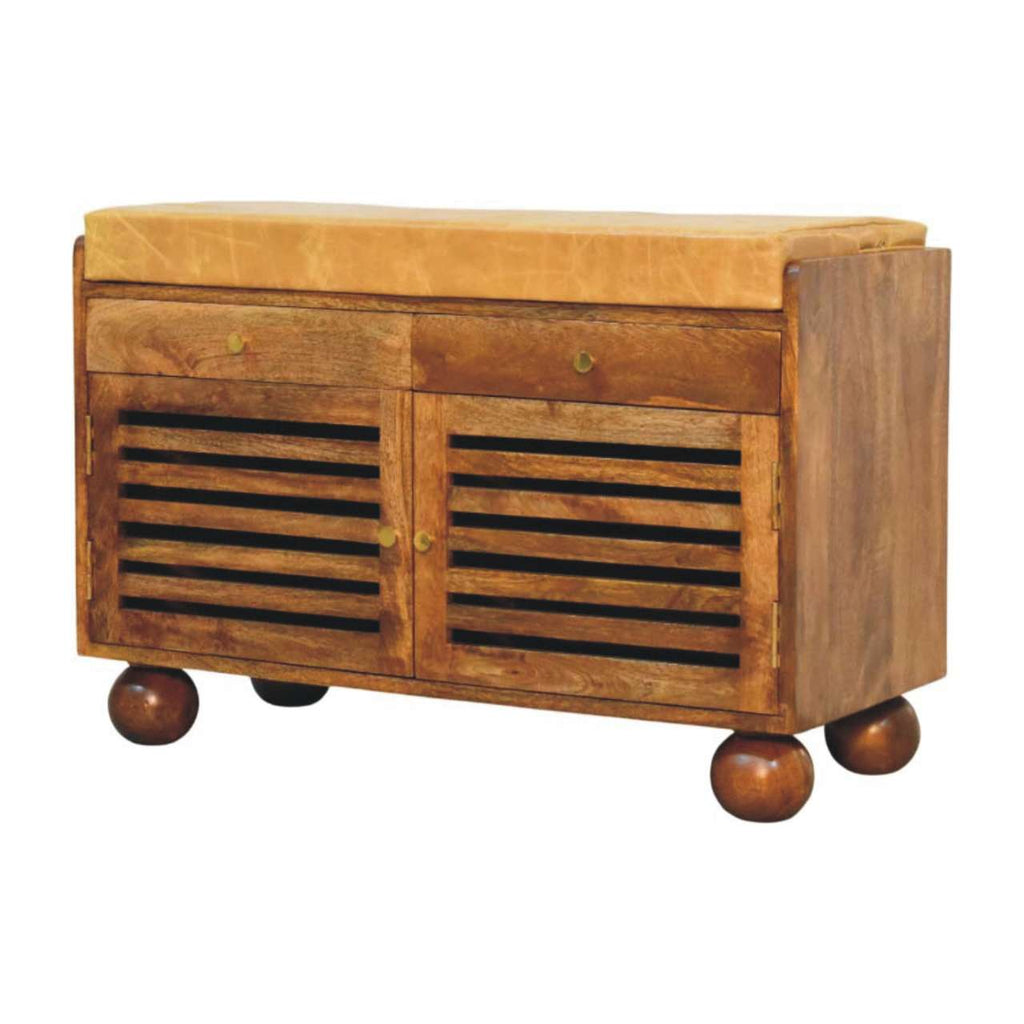 Bola Shoe Storage Leather Bench – Amber Oak Finish