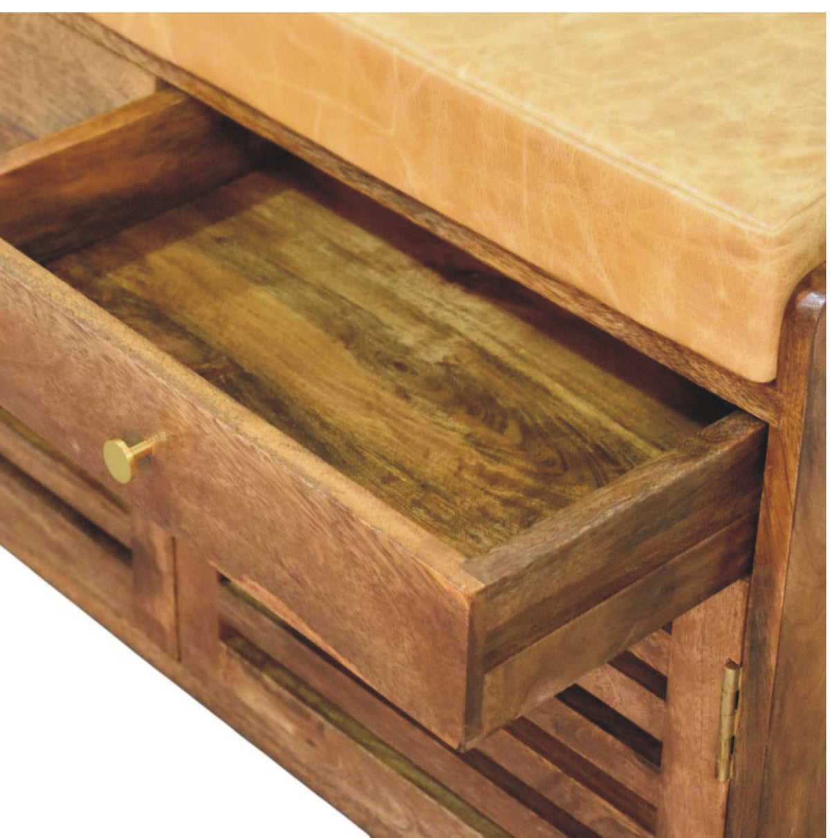 Bola Shoe Storage Leather Bench – Amber Oak Finish