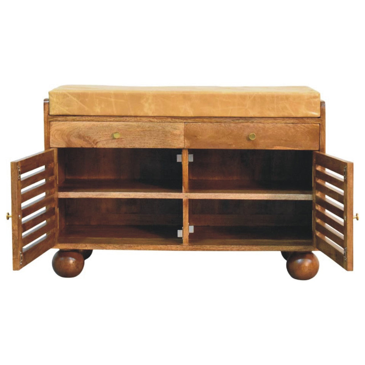Bola Shoe Storage Leather Bench – Amber Oak Finish