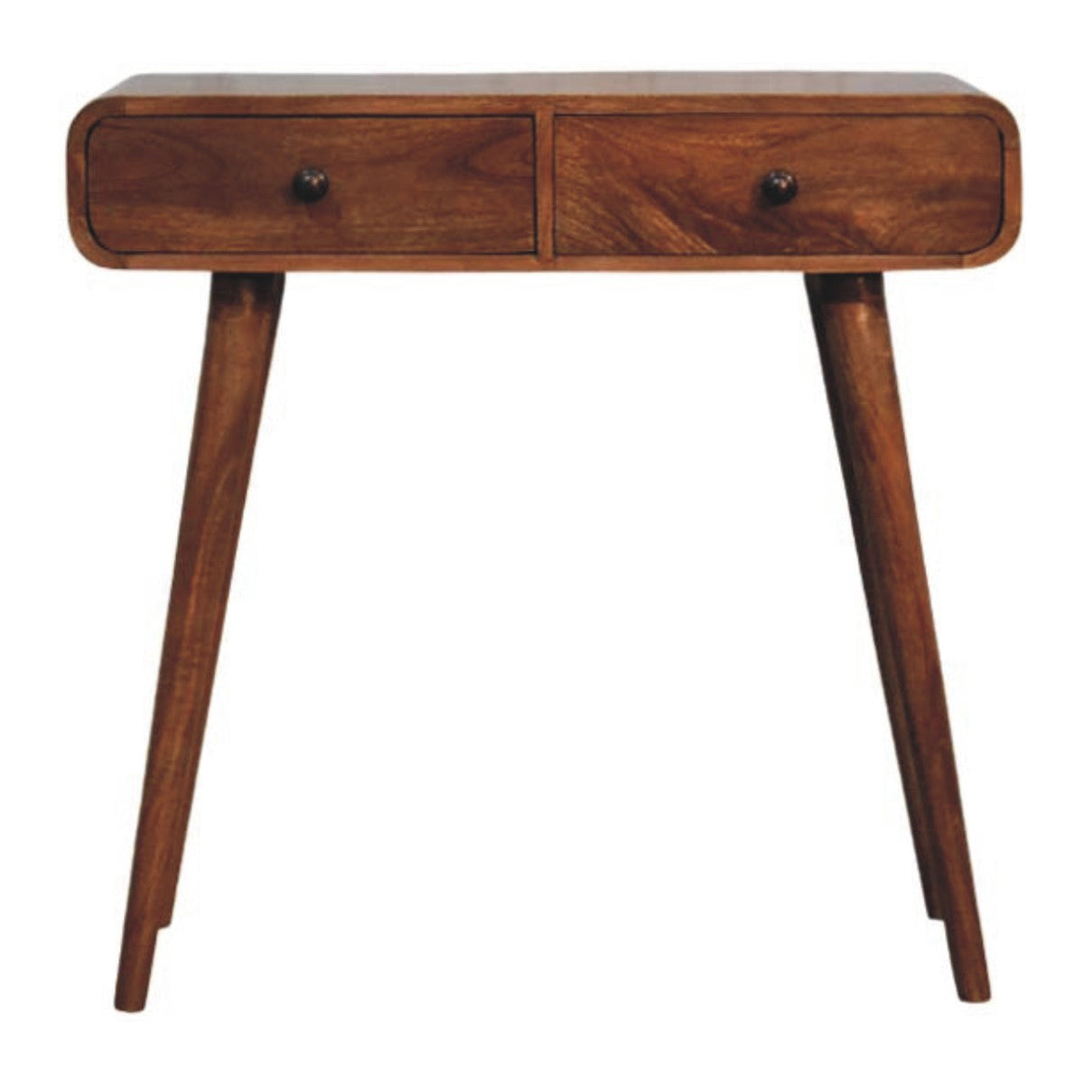 Curved Two Drawer Solid Mango Wood Console Table – Honey Caramel Finish