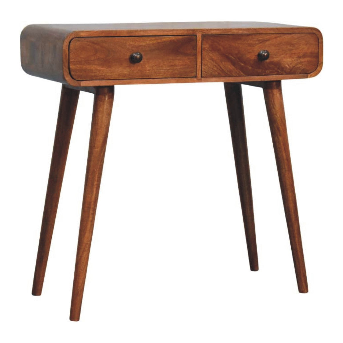Curved Two Drawer Solid Mango Wood Console Table – Honey Caramel Finish