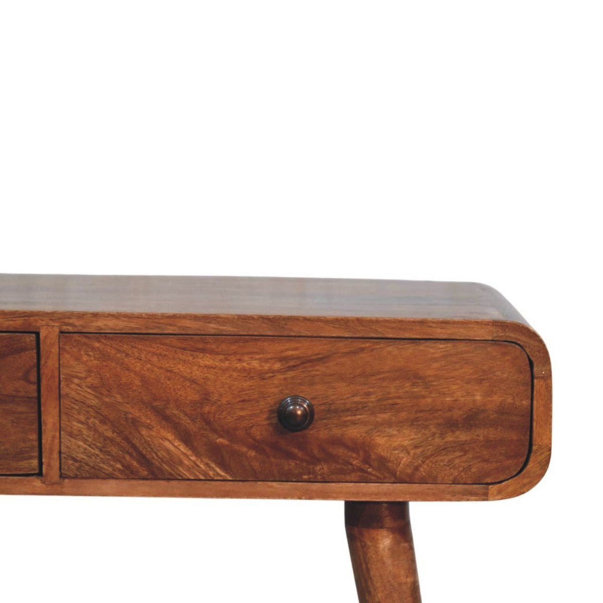 Curved Two Drawer Solid Mango Wood Console Table – Honey Caramel Finish