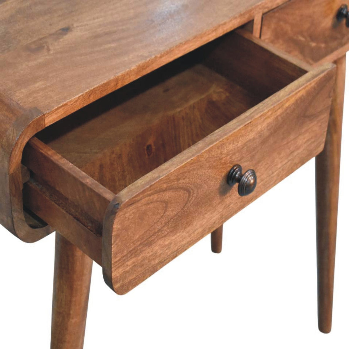 Curved Two Drawer Solid Mango Wood Console Table – Honey Caramel Finish