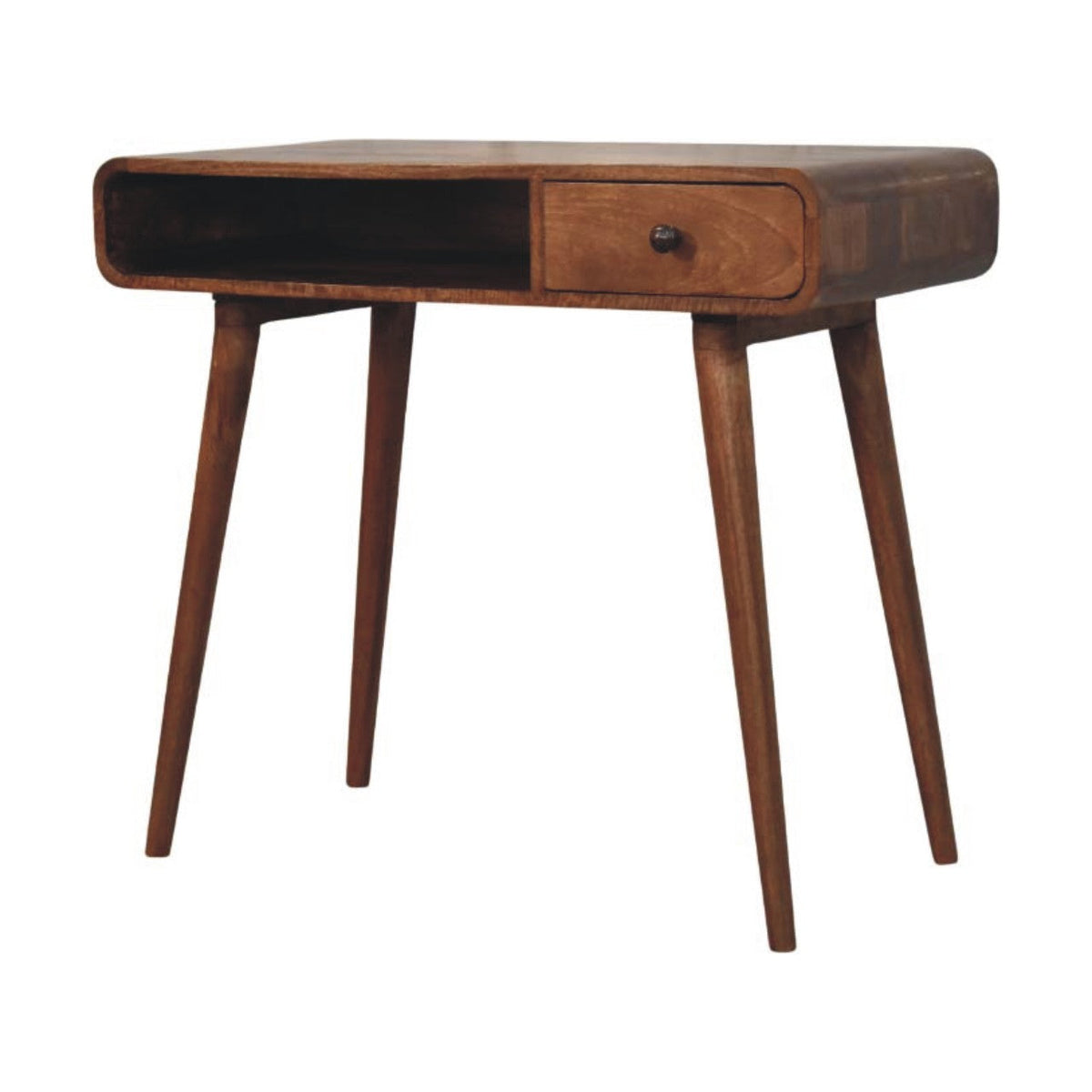 Curved Solid Mango Wood Writing Desk – Honey Caramel Finish