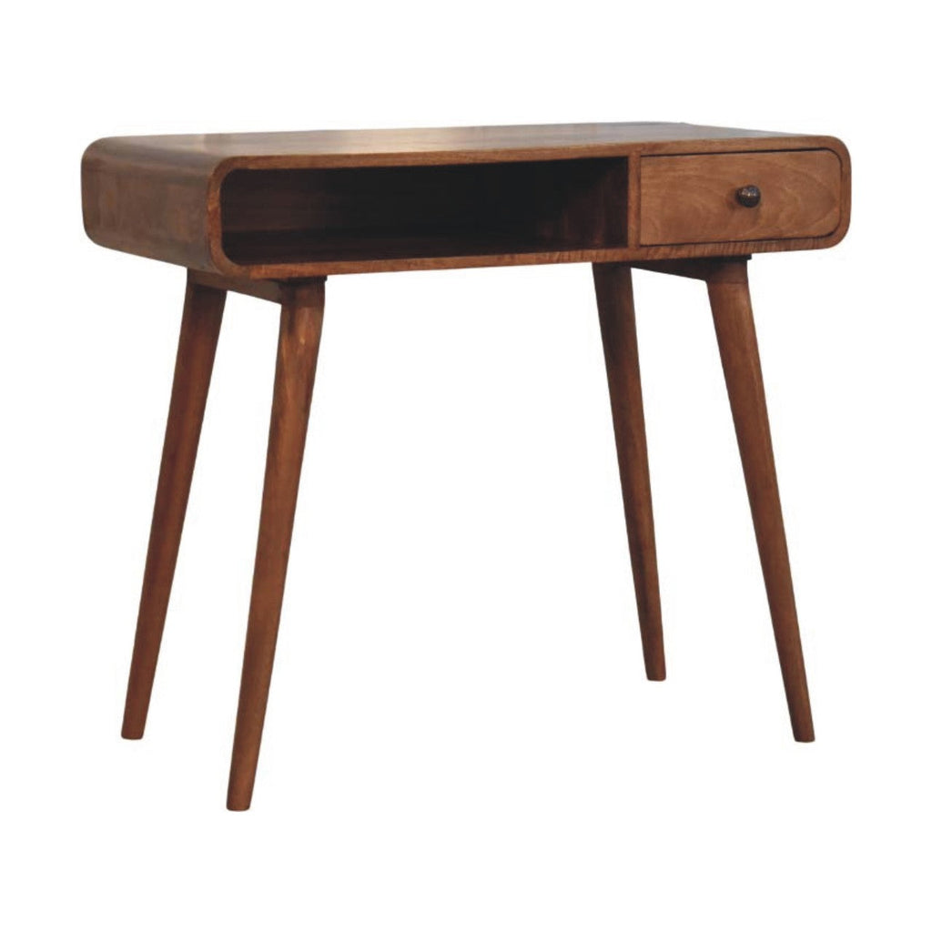 Curved Solid Mango Wood Writing Desk – Honey Caramel Finish