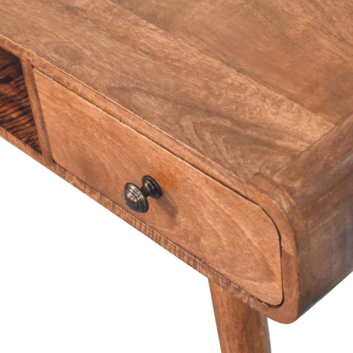 Curved Solid Mango Wood Writing Desk – Honey Caramel Finish