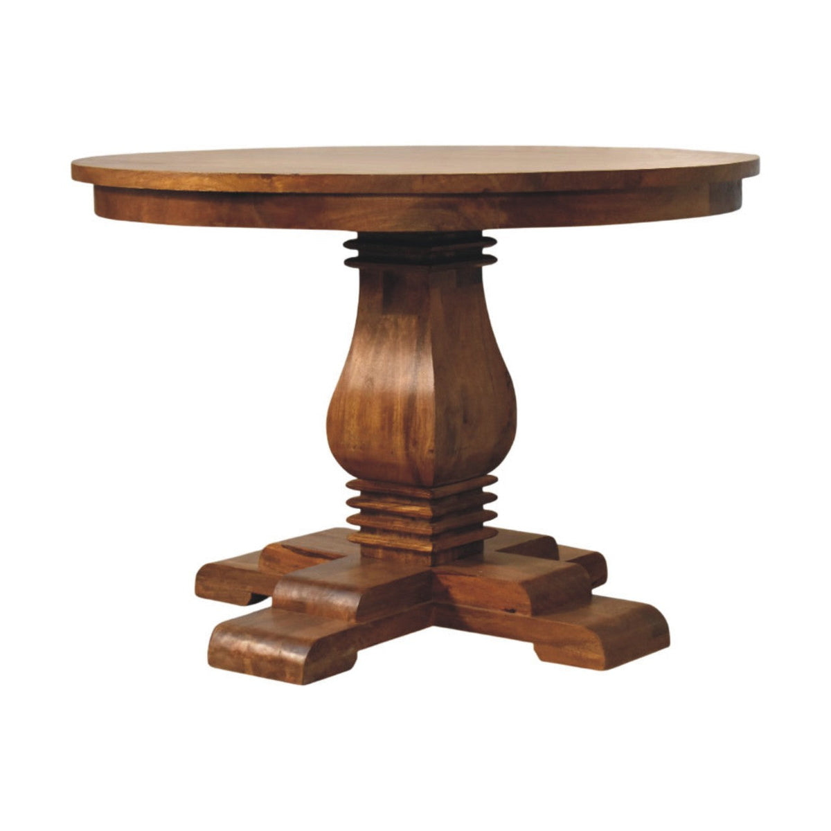 Round Pedestal Solid Mango Wood Dining Table – Amber Oak Finish