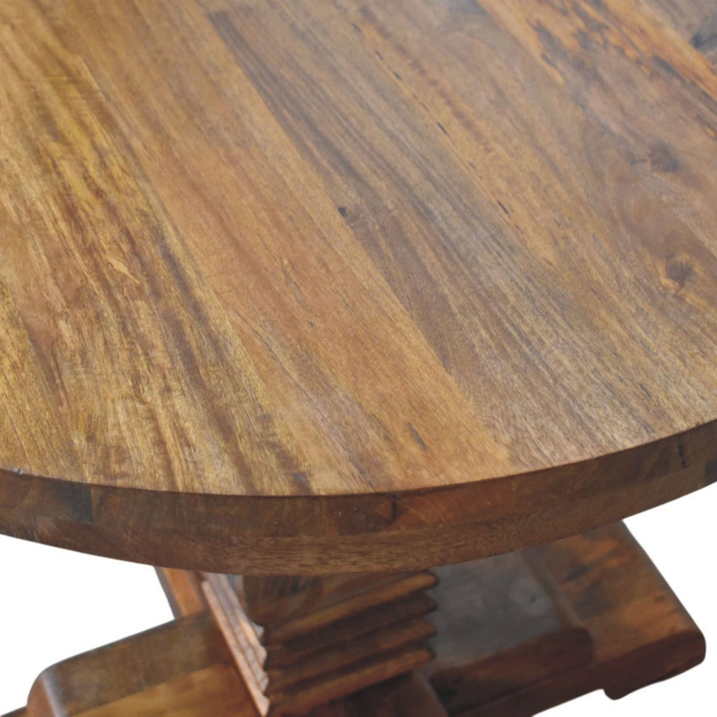 Round Pedestal Solid Mango Wood Dining Table – Amber Oak Finish