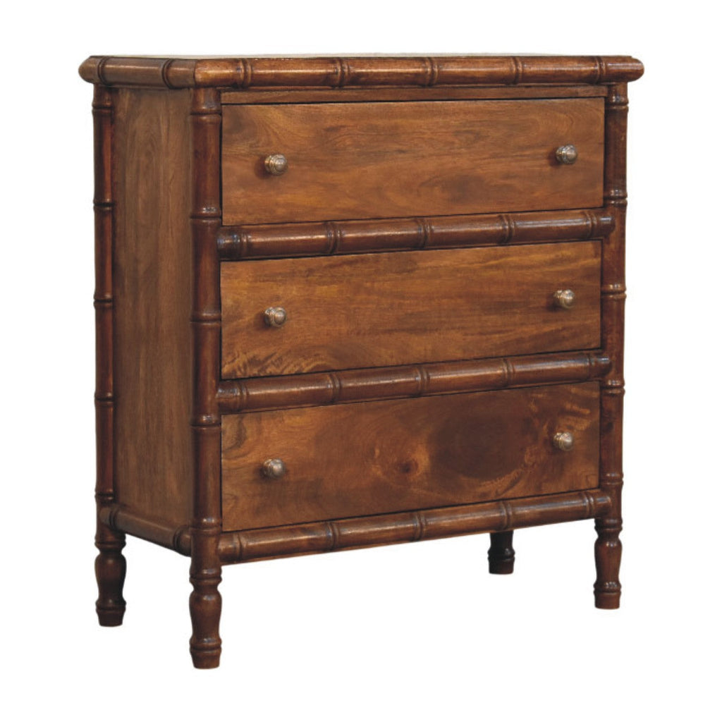 Bamboo-Inspired 3-Drawer Solid Mango Wood Chest – Chestnut Finish