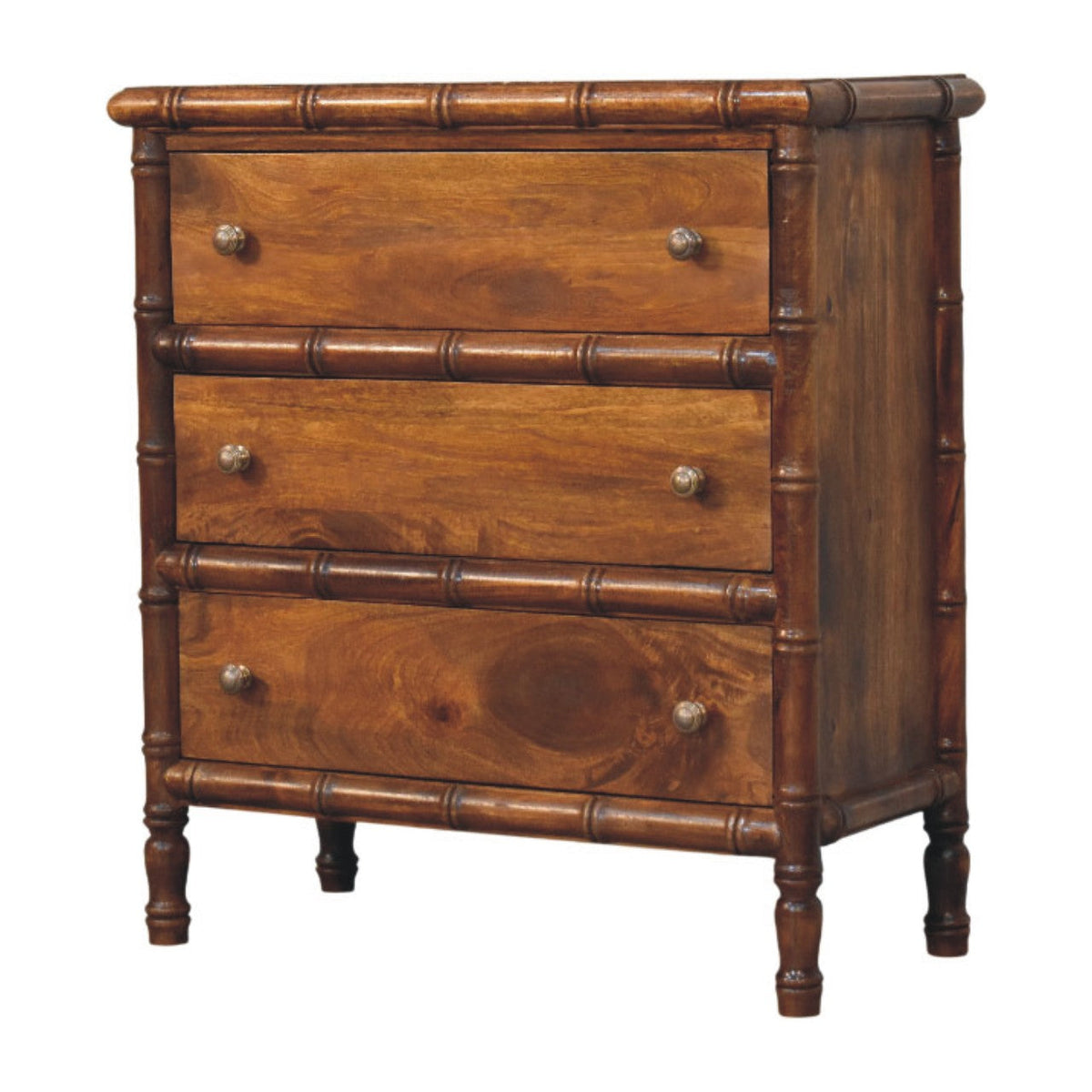 Bamboo-Inspired 3-Drawer Solid Mango Wood Chest – Chestnut Finish