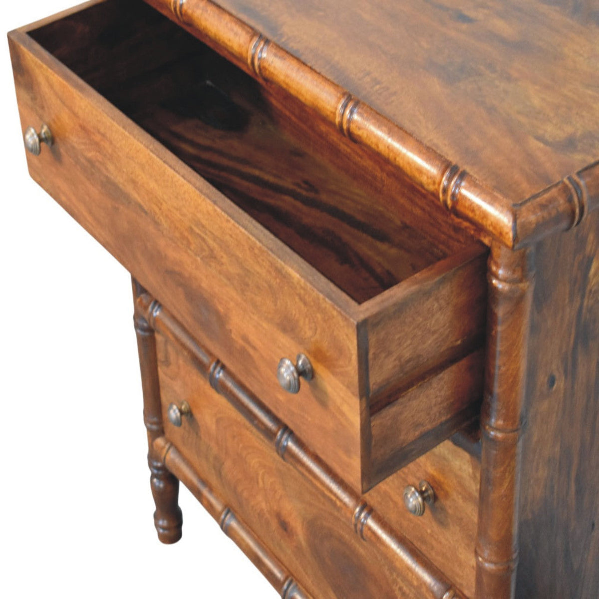 Bamboo-Inspired 3-Drawer Solid Mango Wood Chest – Chestnut Finish