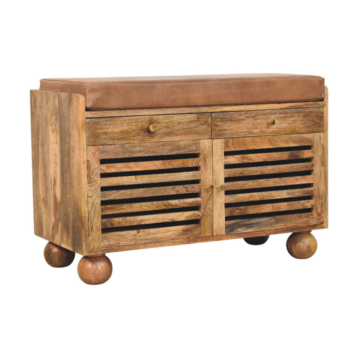 Oakridge Solid Mango Wood Shoe Cabinet – Oak-Ish Finish, Brown Leather Seat