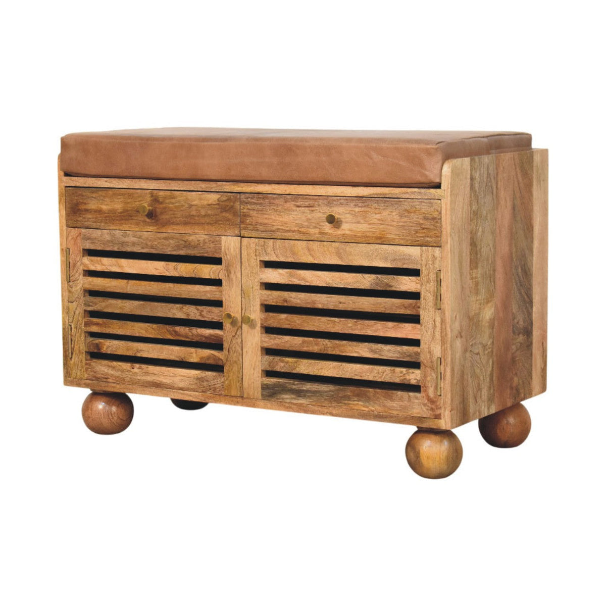Oakridge Solid Mango Wood Shoe Cabinet – Oak-Ish Finish, Brown Leather Seat