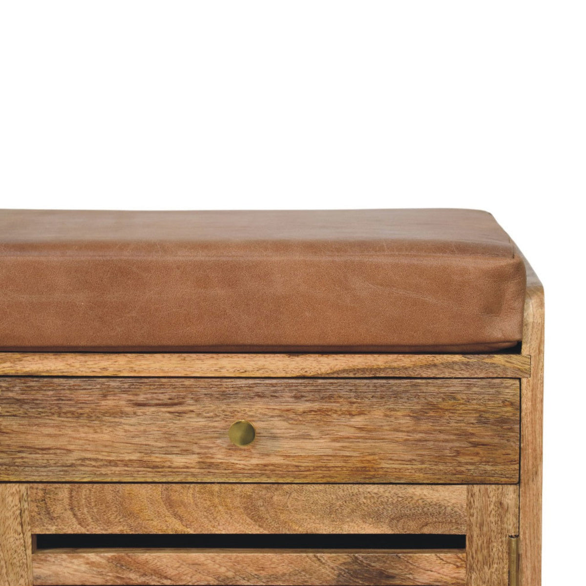 Oakridge Solid Mango Wood Shoe Cabinet – Oak-Ish Finish, Brown Leather Seat