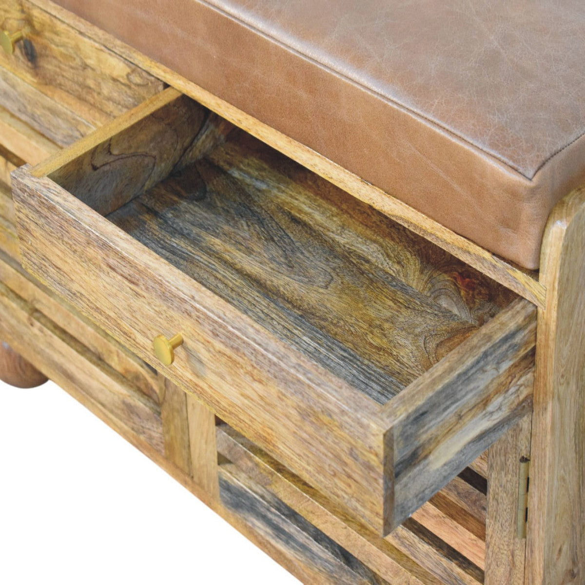 Oakridge Solid Mango Wood Shoe Cabinet – Oak-Ish Finish, Brown Leather Seat