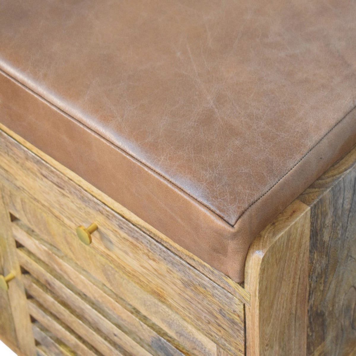 Oakridge Solid Mango Wood Shoe Cabinet – Oak-Ish Finish, Brown Leather Seat