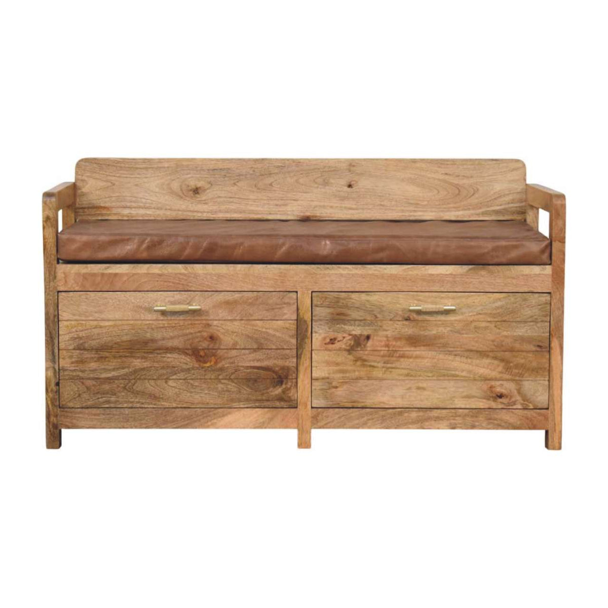 Storage Bench with Brown Leather Seat – Oak-Ish Finish