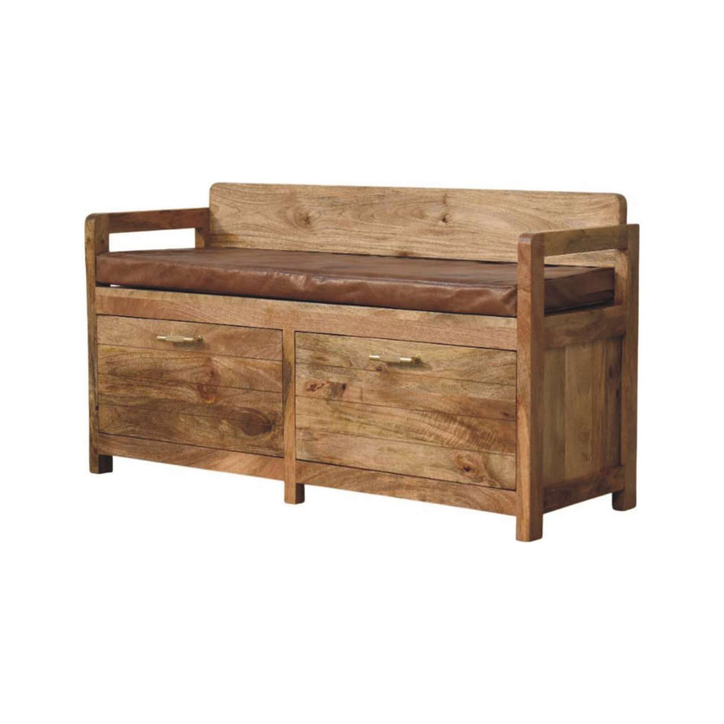 Storage Bench with Brown Leather Seat – Oak-Ish Finish